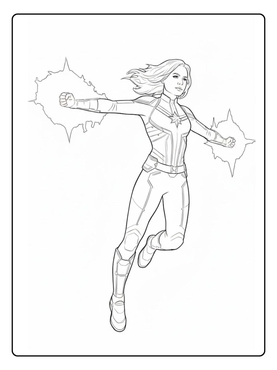 Captain Marvel Flying Pose Outline Simple Black and White Line Art for Coloring Pages