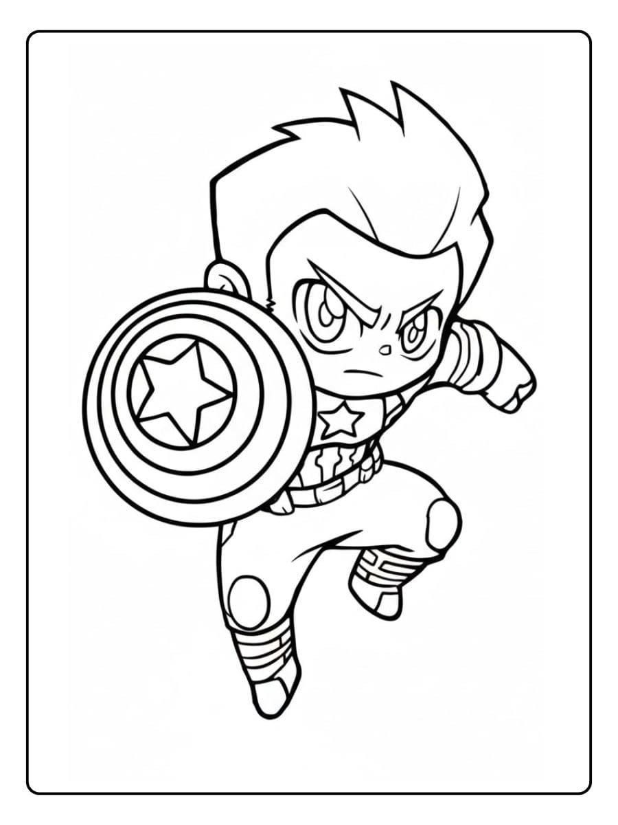 Chibi Captain America Action Pose Marvel Coloring Pages for Kids