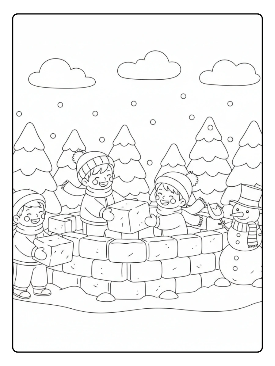 Christmas Coloring Pages – Children Building Snow Fort