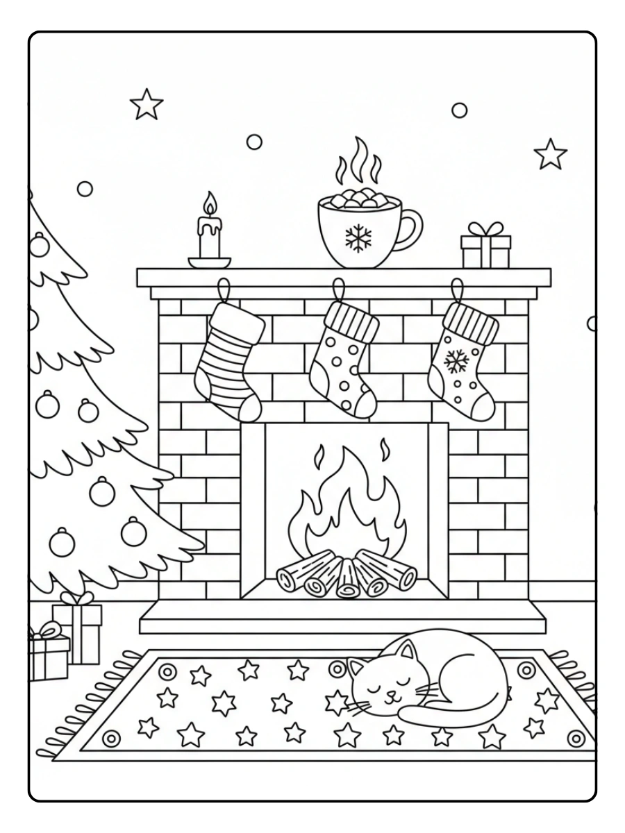 Christmas Coloring Pages – Cozy Fireplace with Stockings and Cocoa