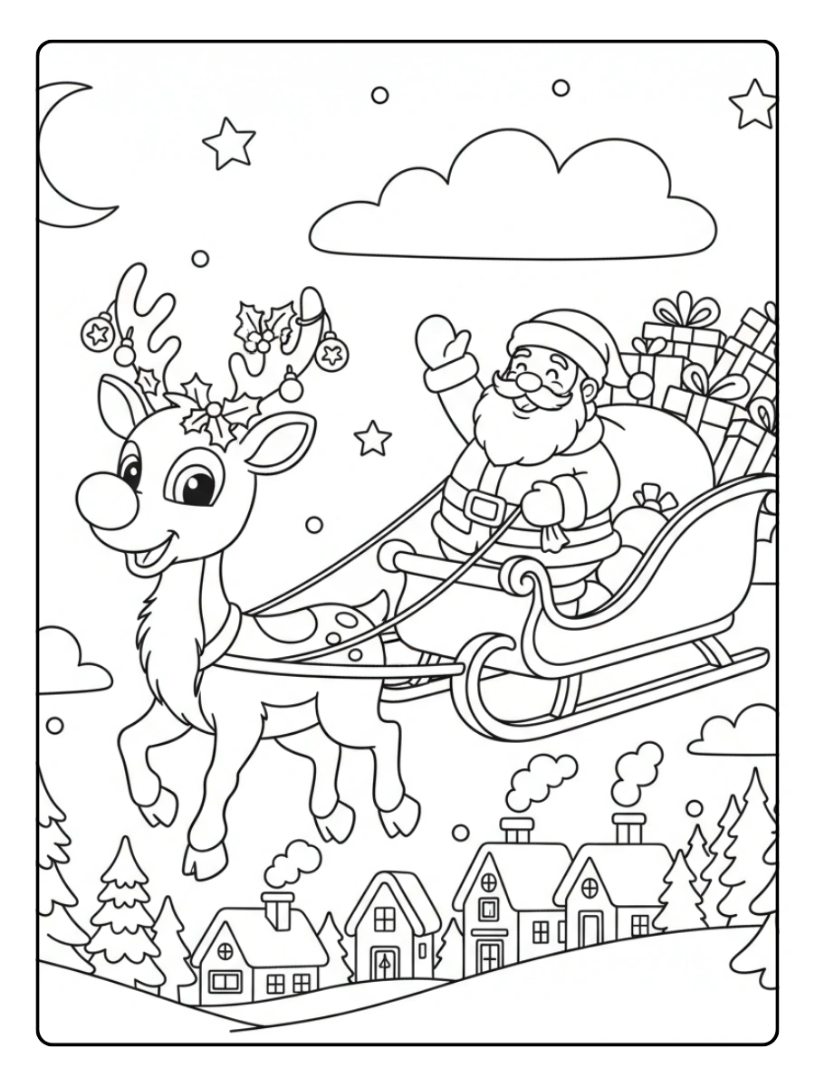 Christmas Coloring Pages – Rudolph the Red Nosed Reindeer Scene