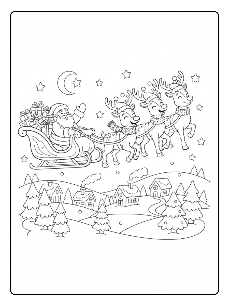 Christmas Holiday Coloring Pages – Reindeer Sleigh Scene