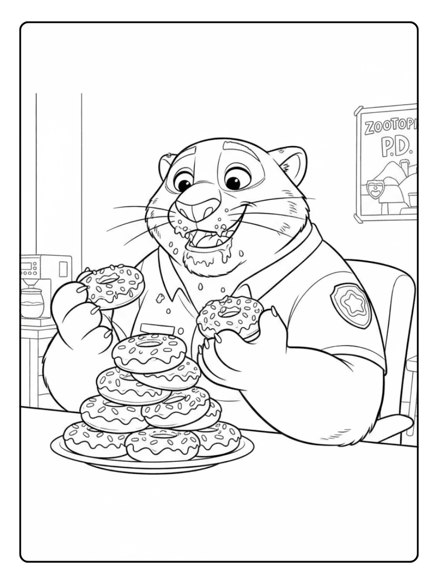 Clawhauser Eating Donuts – Zootopia Coloring Pages
