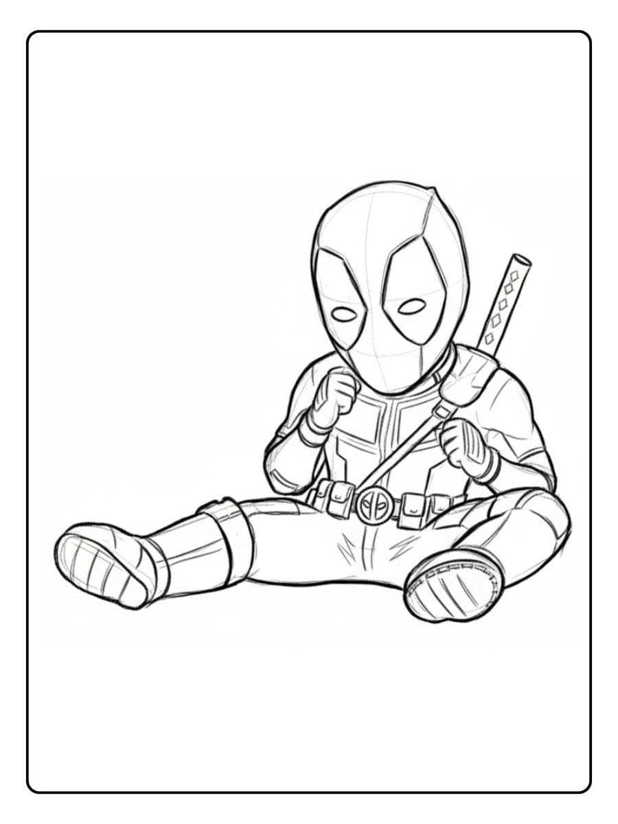 Cute Baby Deadpool Sitting Outline Simple Coloring Page