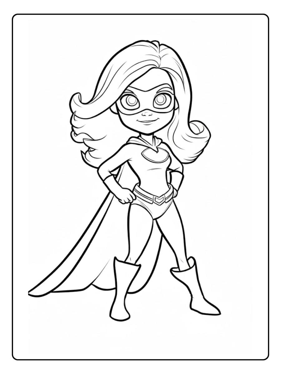 Cute Cartoon Superhero Girl Outlined Coloring Page