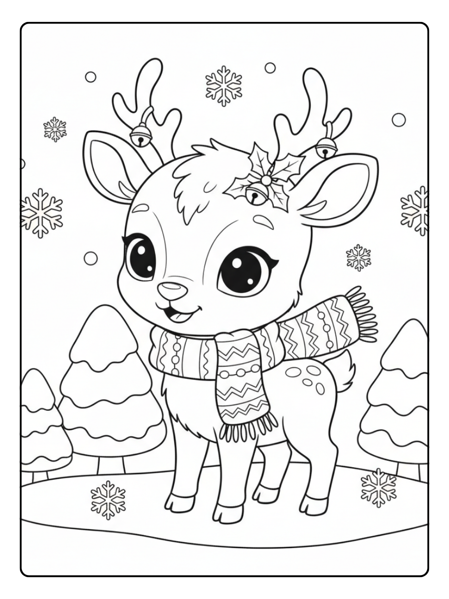 Cute Christmas Coloring Pages – Cute Reindeer with Scarf