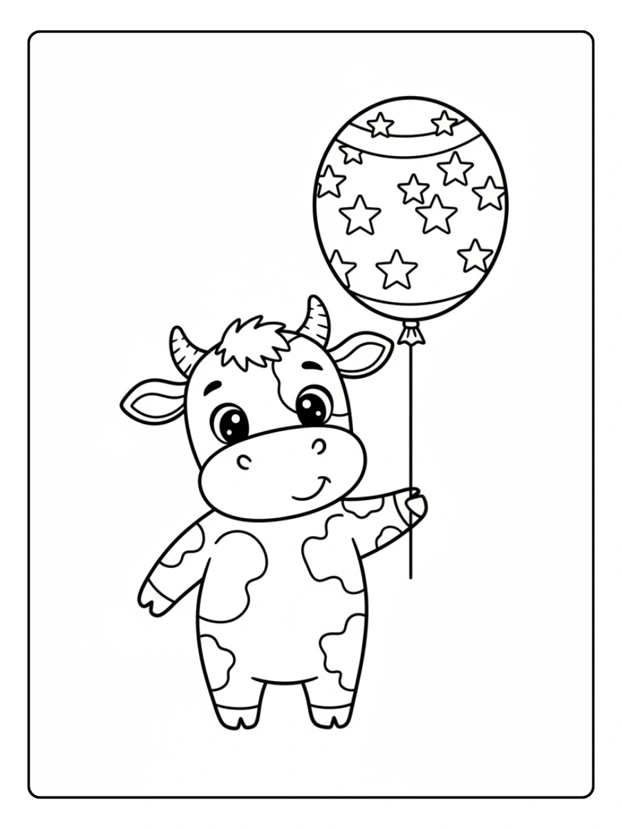Cute Cow Coloring Pages – Cow Holding Balloon