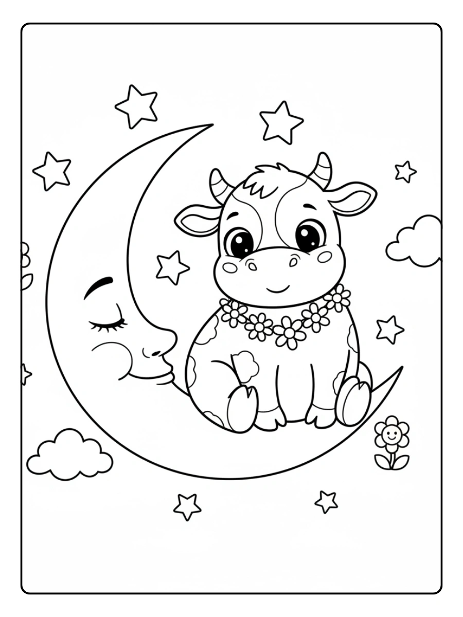 Cute Cow Coloring Pages – Cow and Moon