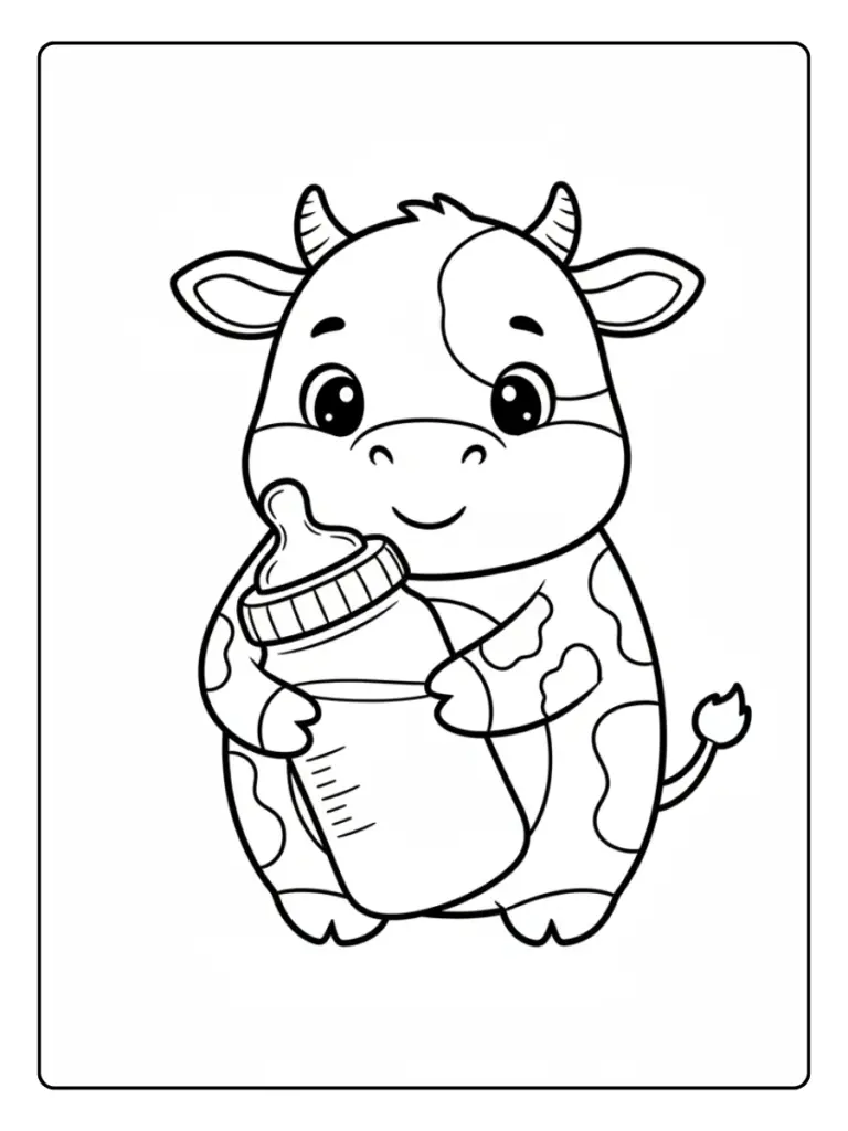 Cute Cow Coloring Pages – Cow with Milk Bottle