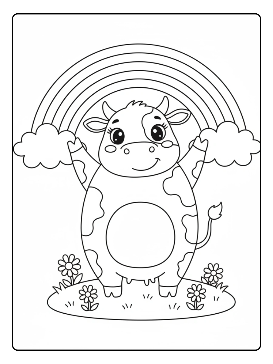 Cute Cow Coloring Pages – Cow with Rainbow