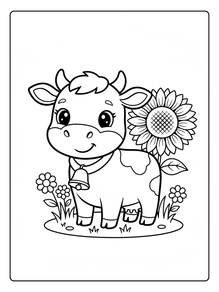 Cute Cow Coloring Pages – Cow with Sunflower