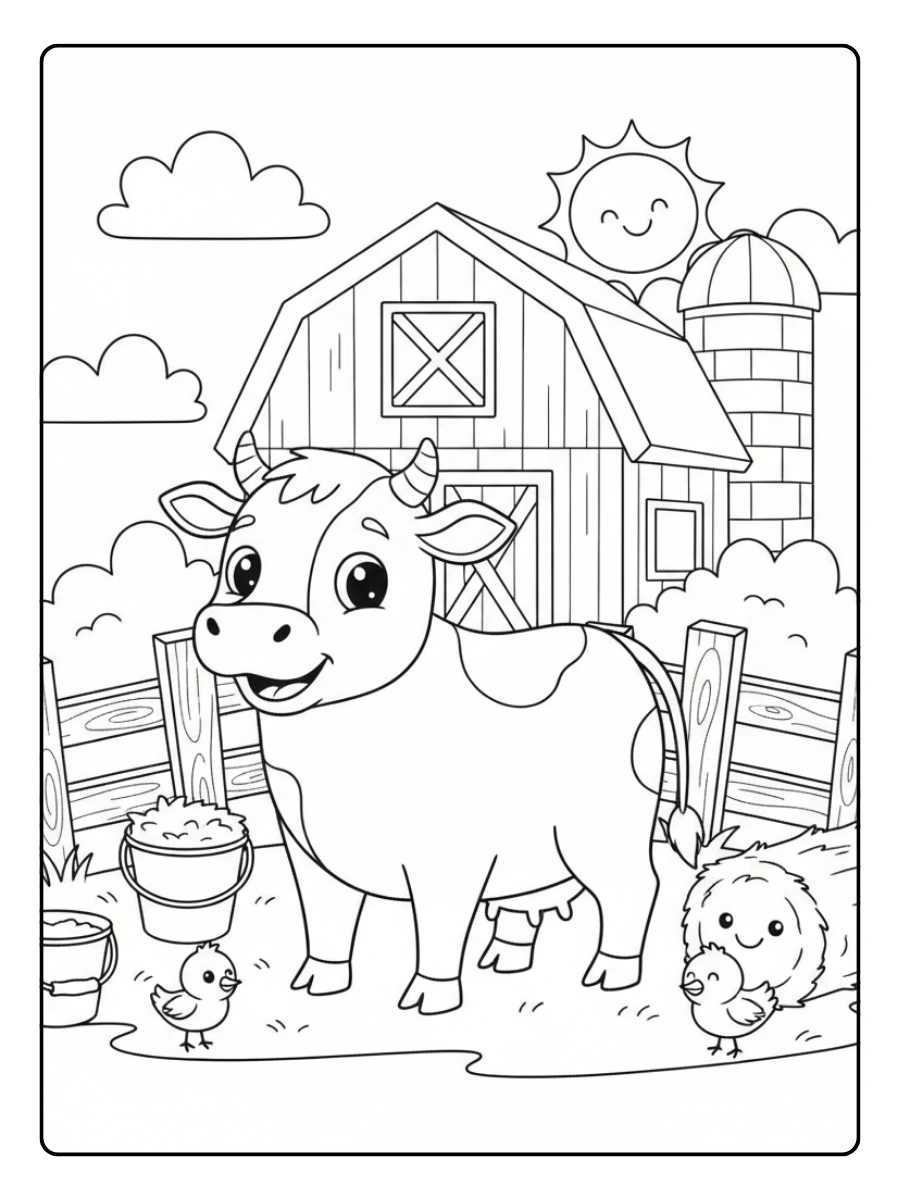 Cute Cow Coloring Pages – Cute Cow Barn Scene