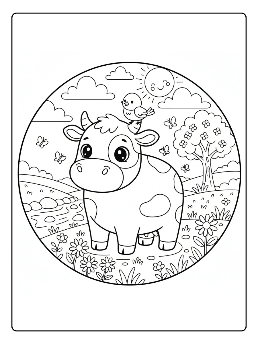 Cute Cow Coloring Pages – Cute Cow Nature Scene
