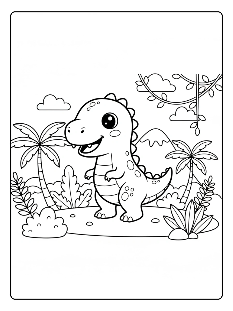Cute Dino Coloring Pages – Cute Dino in Jungle