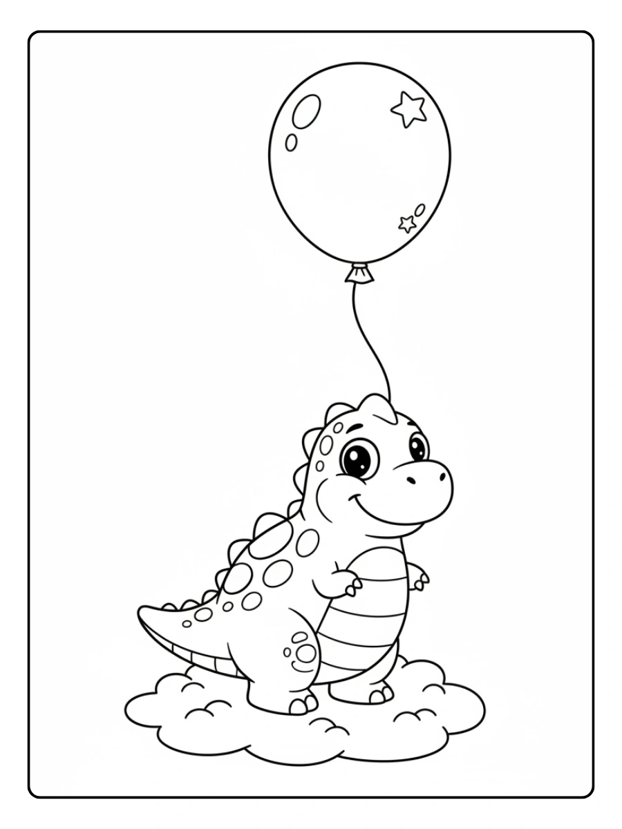 Cute Dino Coloring Pages – Cute Dino with Balloon