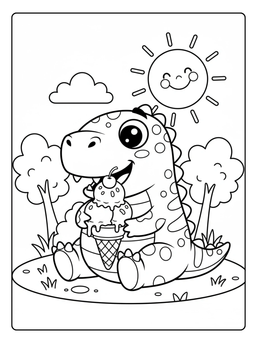 Cute Dino Coloring Pages – Dino Eating Ice Cream