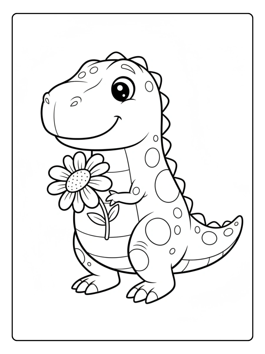 Cute Dino Coloring Pages – Dino Holding Flower