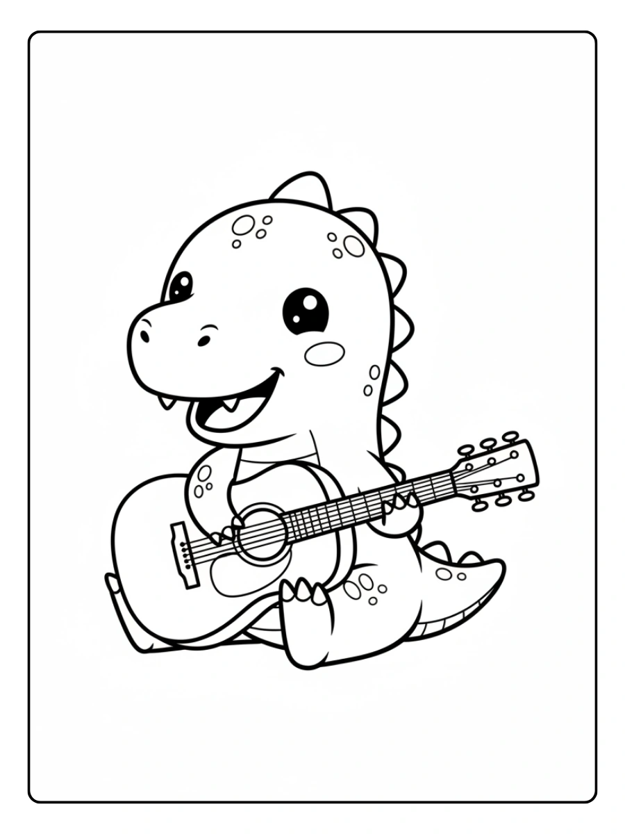 Cute Dino Coloring Pages – Dino Playing Guitar
