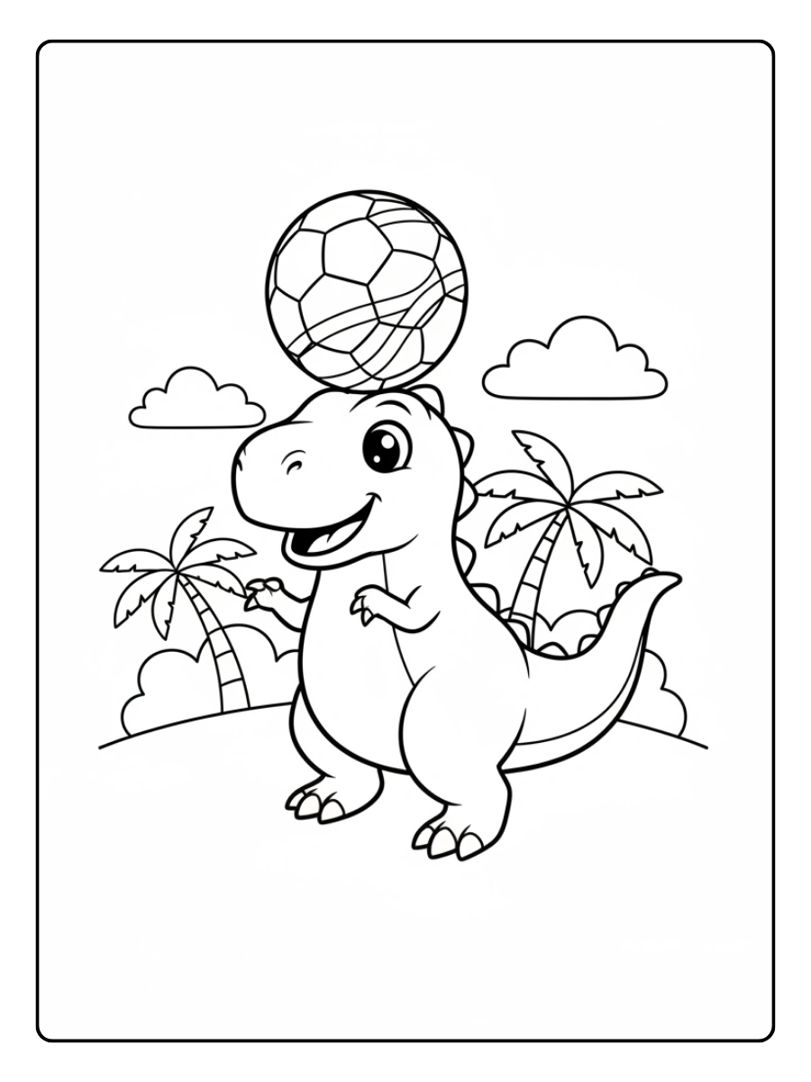 Cute Dino Coloring Pages – Dino Playing with Ball