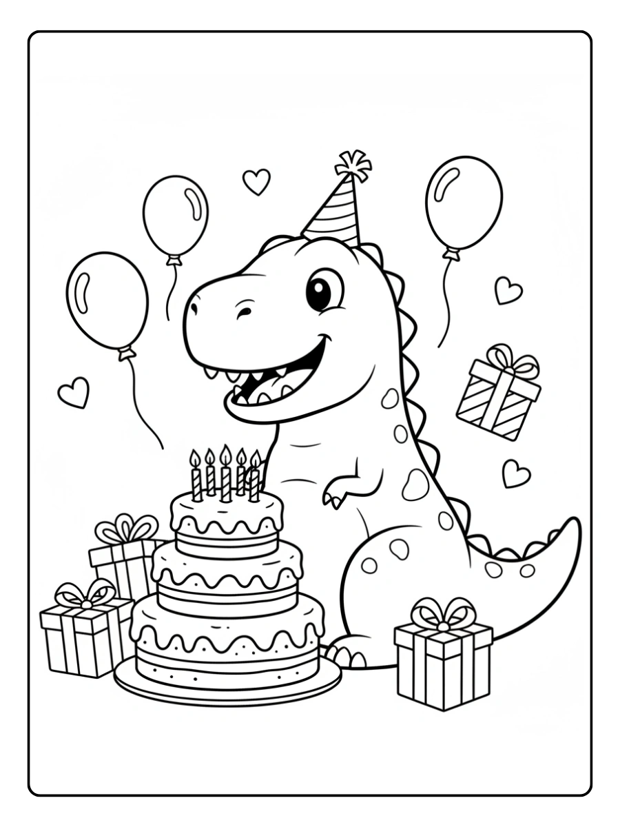 Cute Dino Coloring Pages – Dino with Birthday Cake