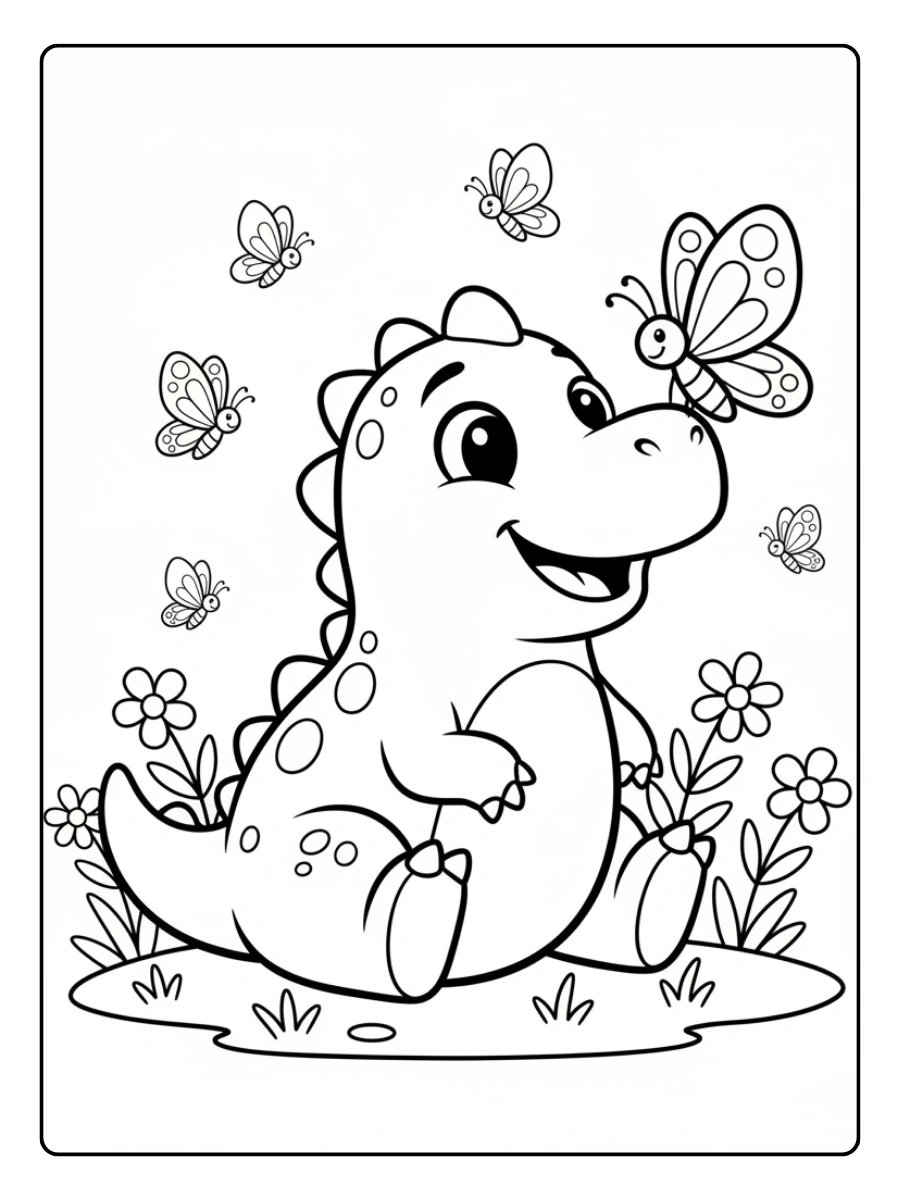 Cute Dino Coloring Pages – Dino with Butterfly