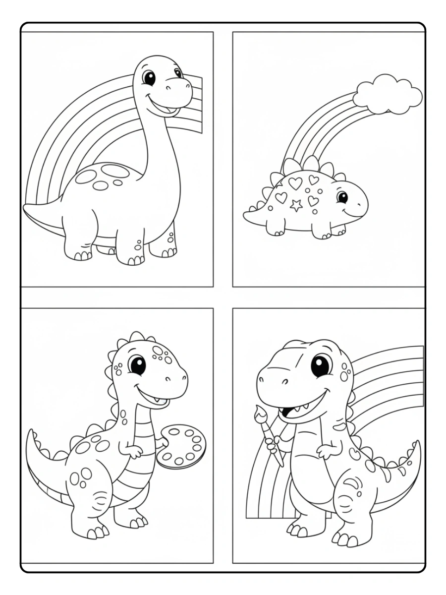 Cute Dino Coloring Pages – Dino with Rainbow