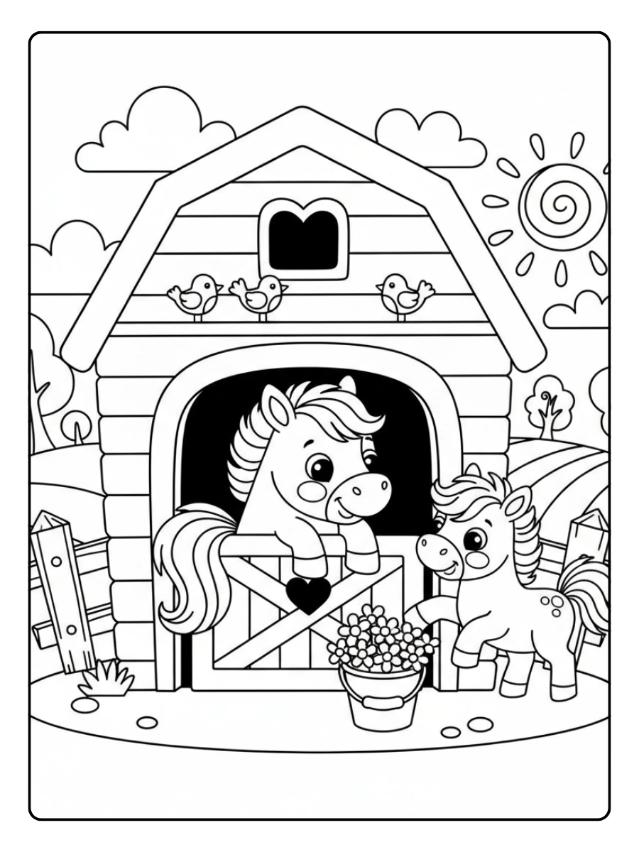 Cute Horse Coloring Pages – Cute Horse Barn Scene