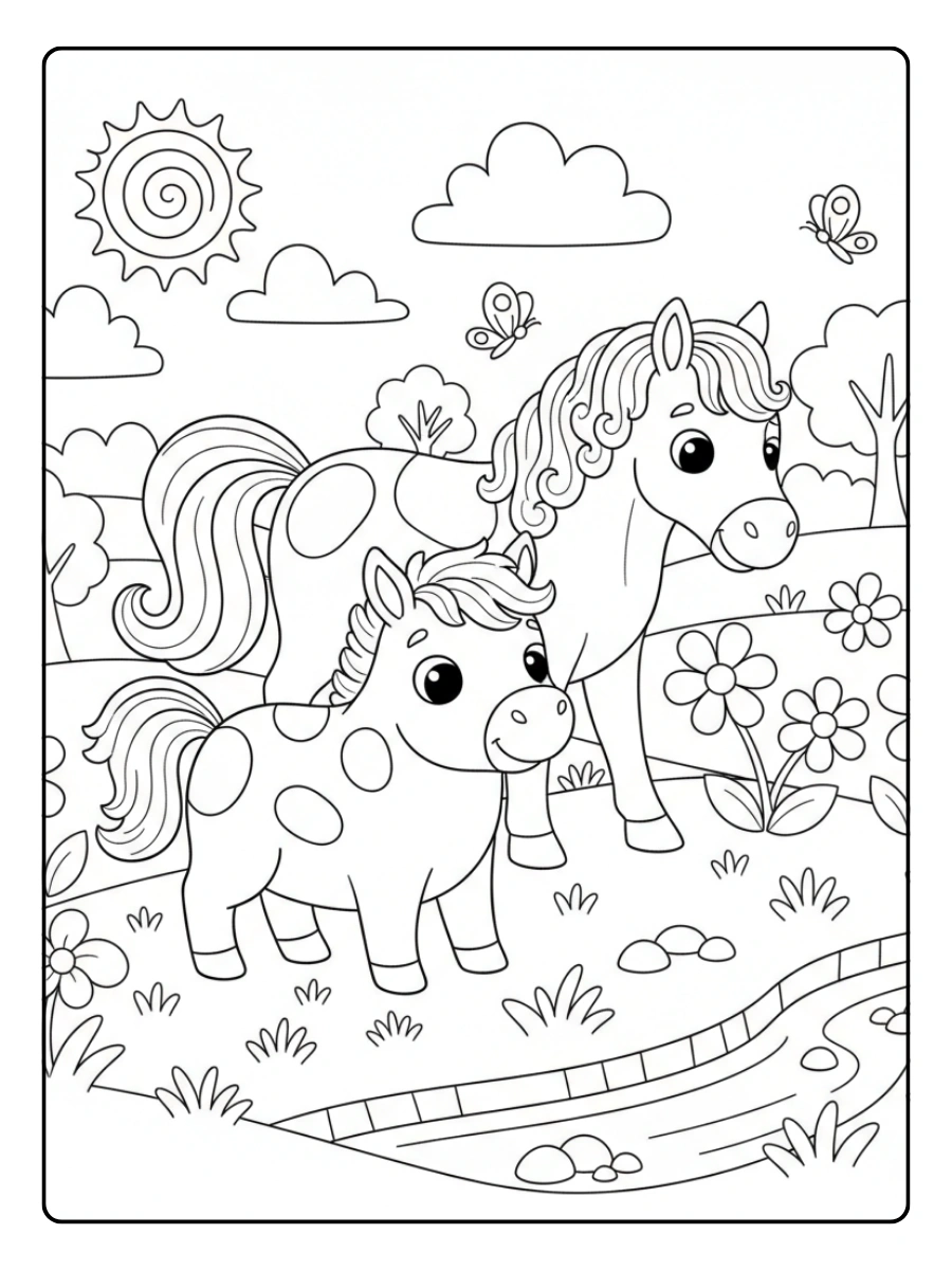 Cute Horse Coloring Pages – Cute Horse Meadow Scene