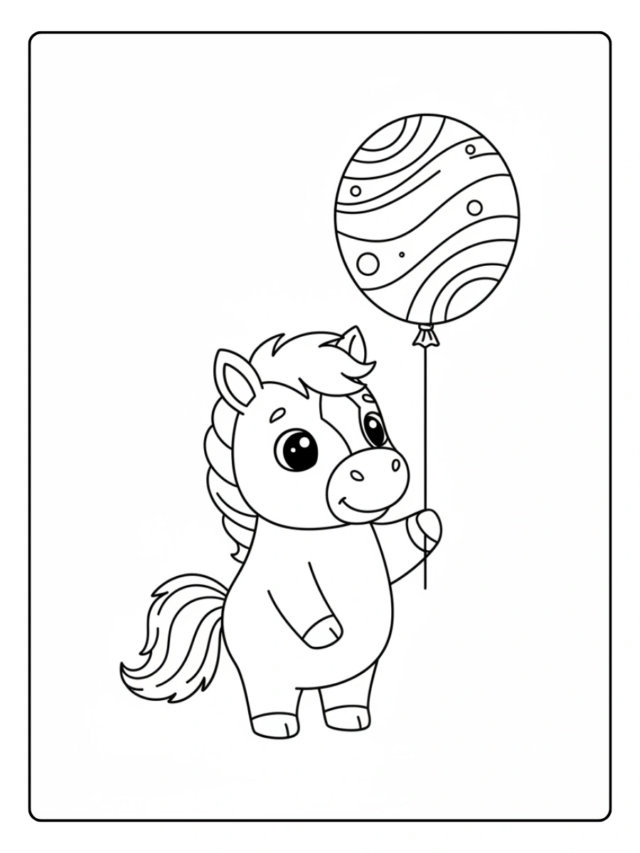 Cute Horse Coloring Pages – Horse Holding Balloon