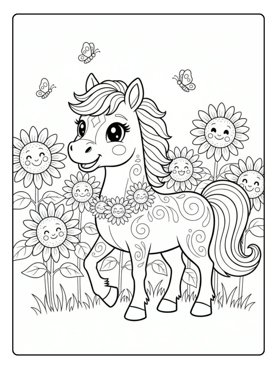 Cute Horse Coloring Pages – Horse with Sunflower