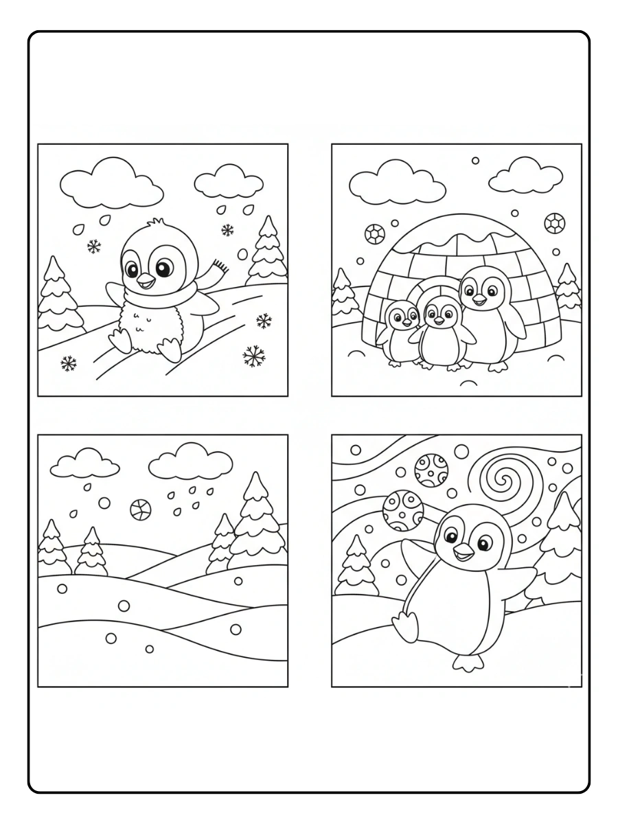 Cute Penguin Coloring Pages – Cute Penguin Snowy Scene