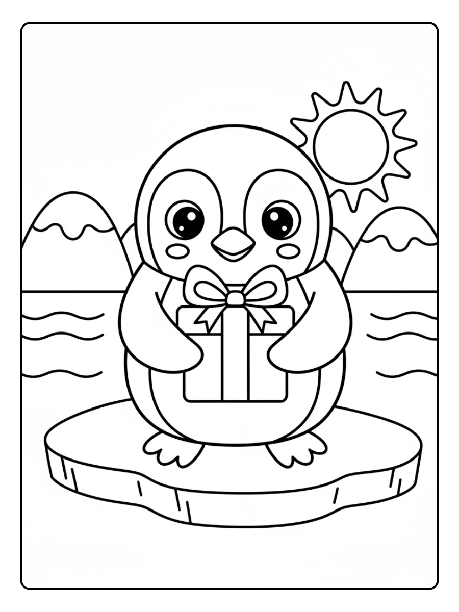 Cute Penguin Coloring Pages – Penguin Holding Gift