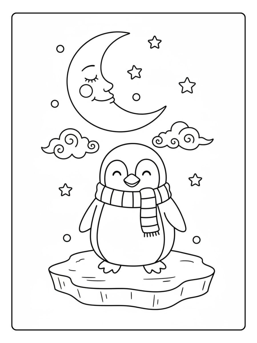 Cute Penguin Coloring Pages – Penguin and Moon