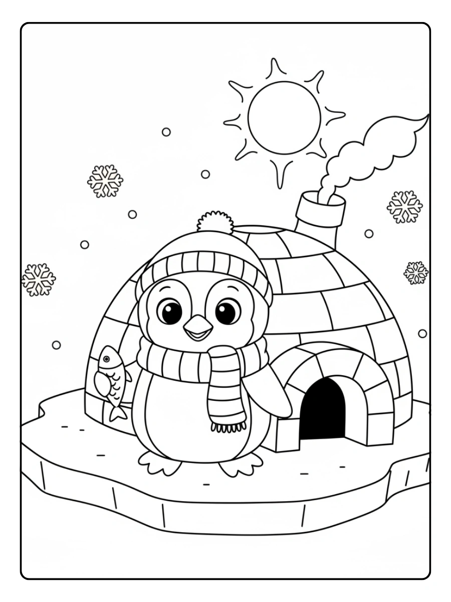 Cute Penguin Coloring Pages – Penguin with Igloo