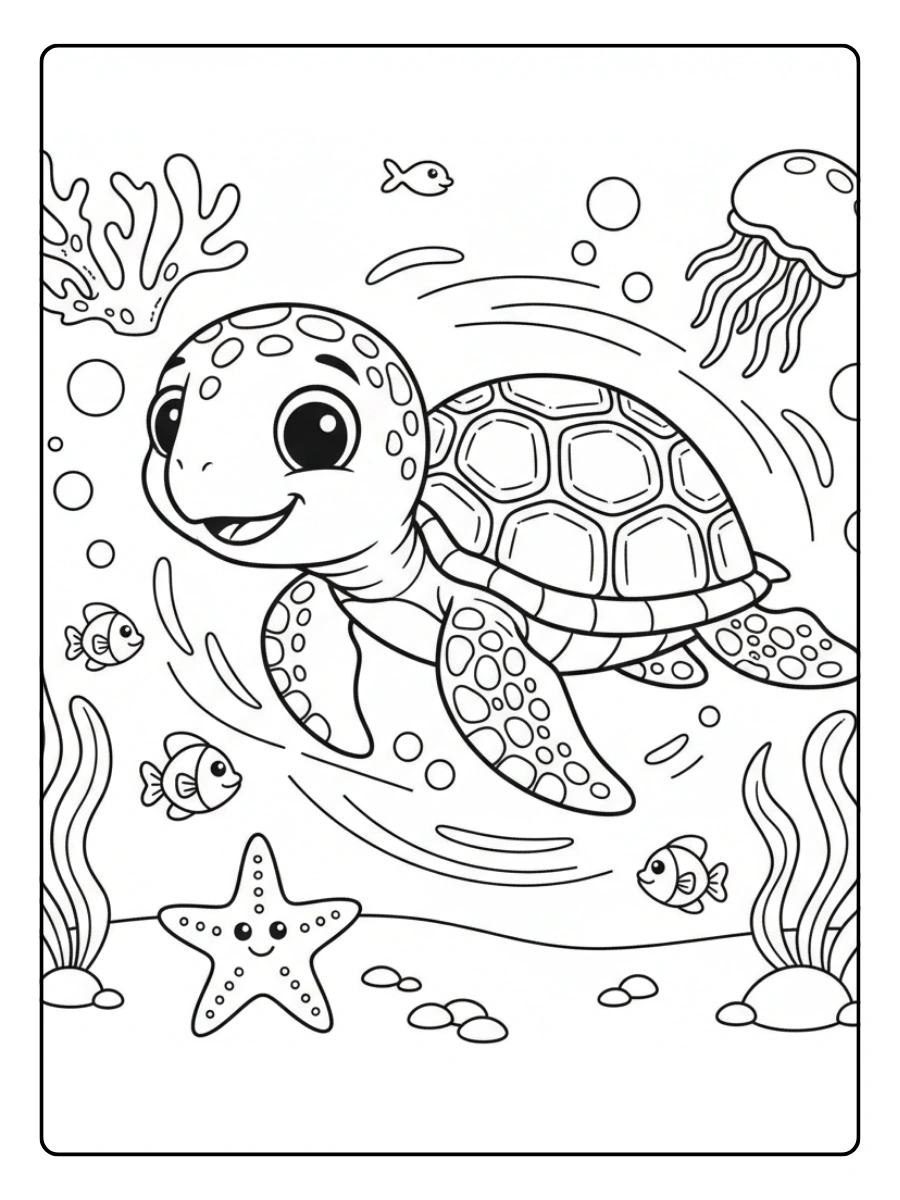 Cute Turtle Coloring Pages – Cute Turtle Sea Scene