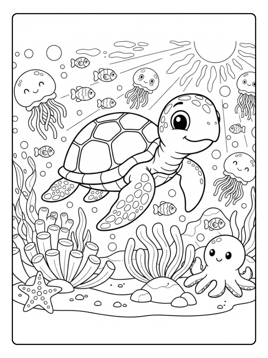 Cute Turtle Coloring Pages – Cute Turtle Underwater Scene