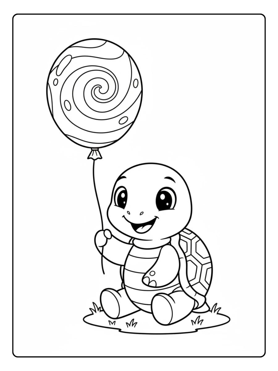 Cute Turtle Coloring Pages – Turtle Holding Balloon