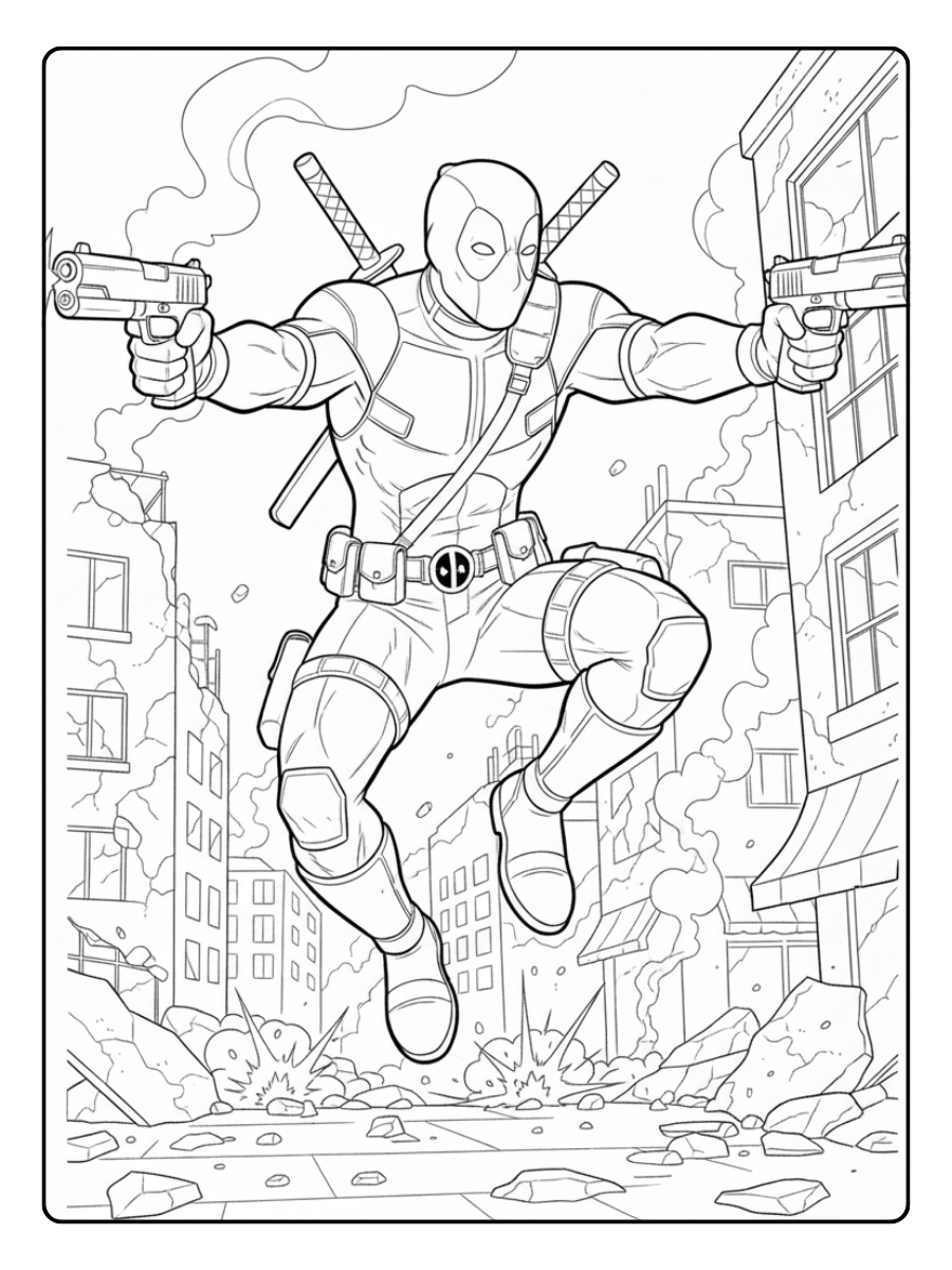 Deadpool Coloring Pages – Deadpool Jumping into Battle