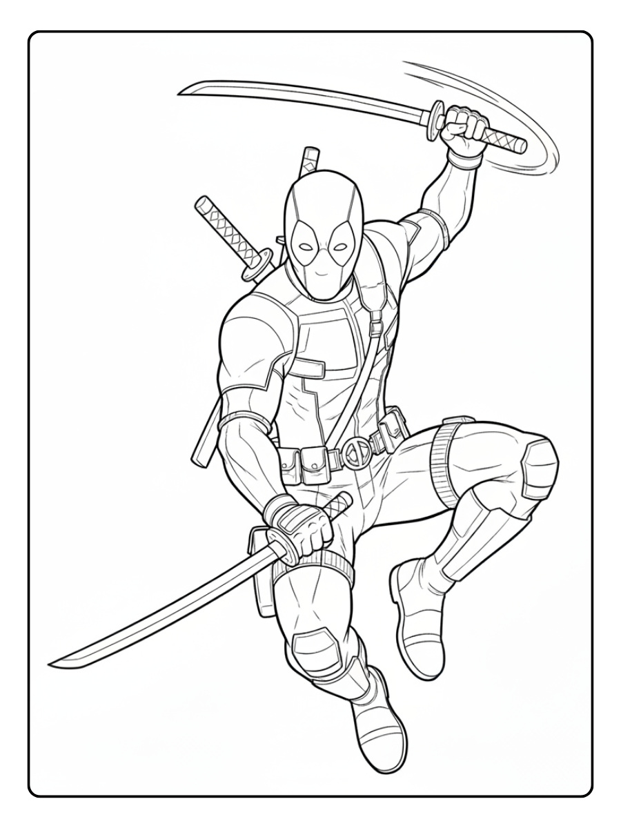 Deadpool Coloring Pages – Deadpool Mid Air Attack