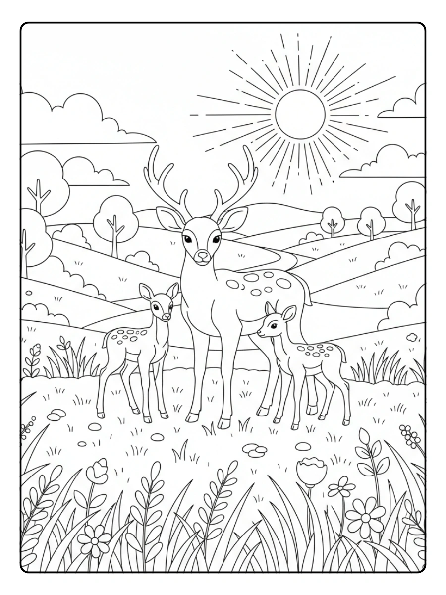 Deer Coloring Pages – Deer Grassland Scene