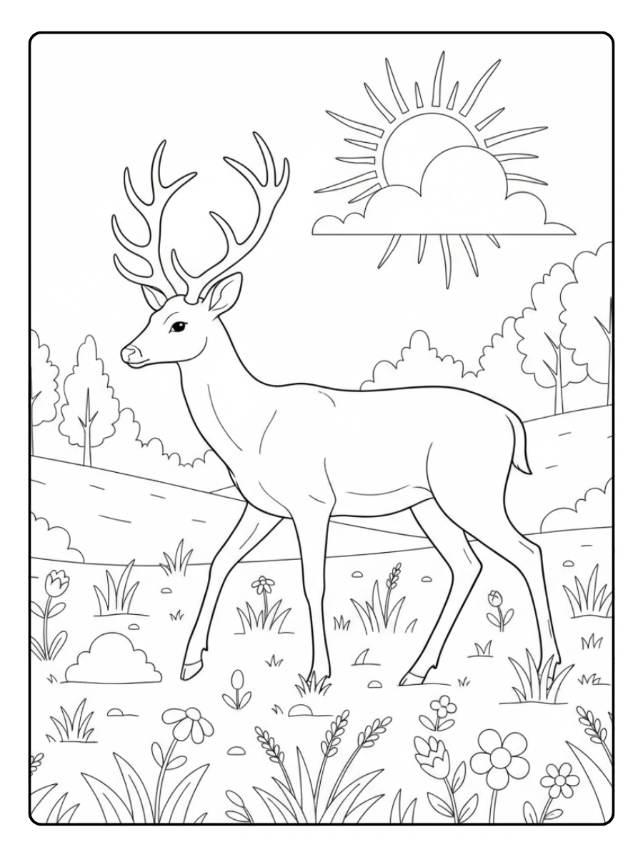 Deer Coloring Pages – Deer Walking in Meadow