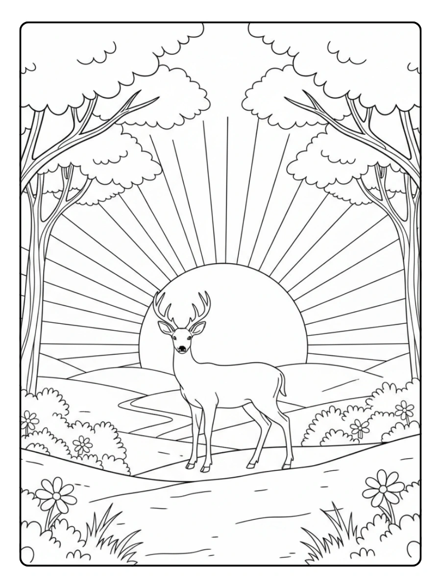 Deer Coloring Pages – Deer at Sunset