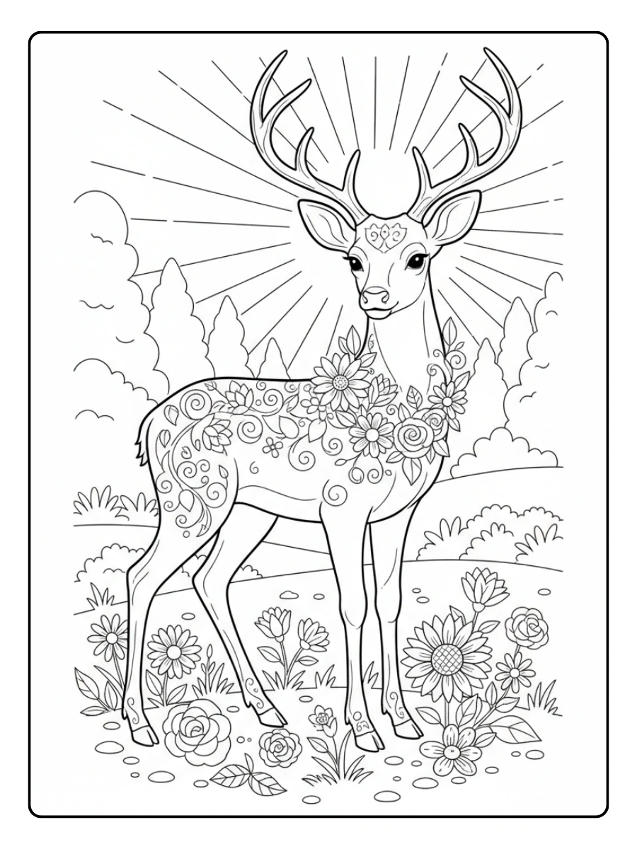 Deer Coloring Pages – Deer with Flowers