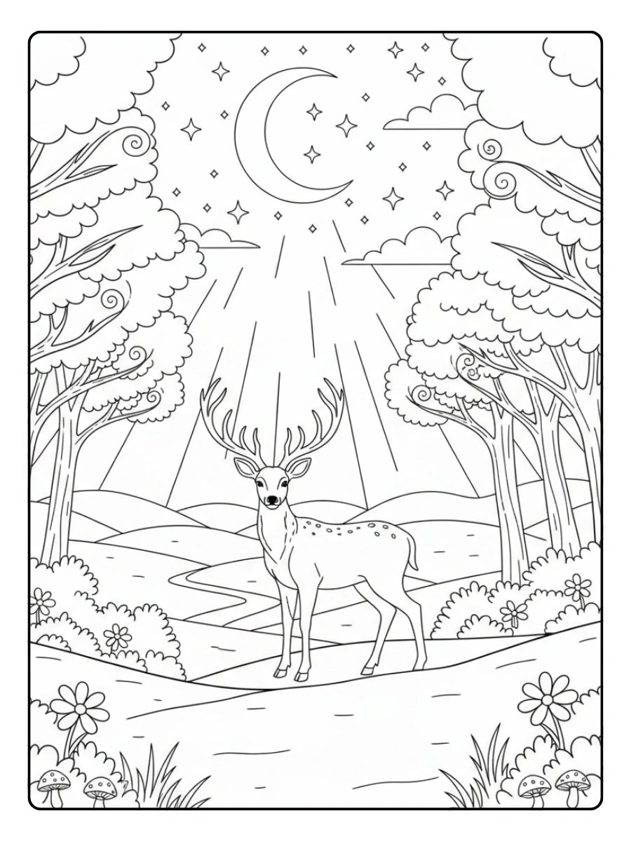 Deer Coloring Pages – Evening Forest Deer