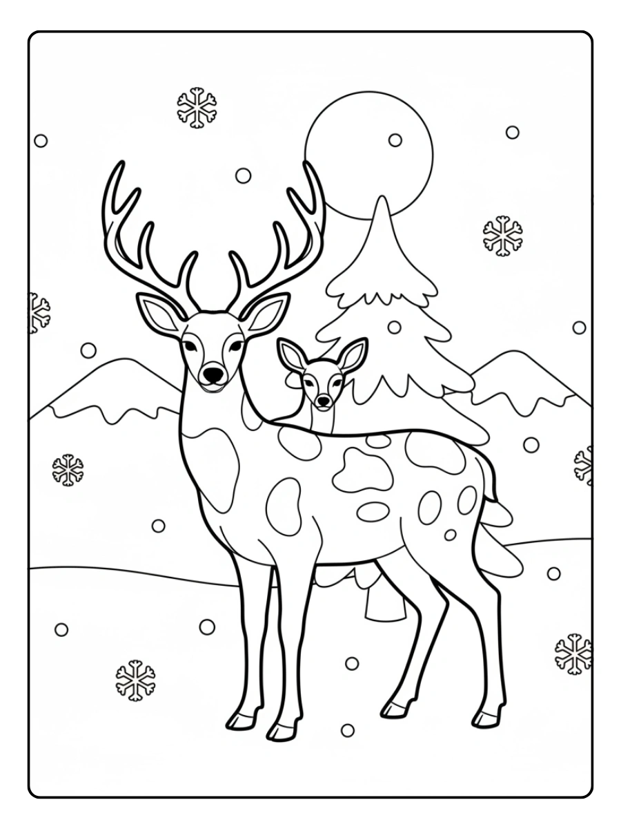 Deer Coloring Pages – Winter Deer Scene