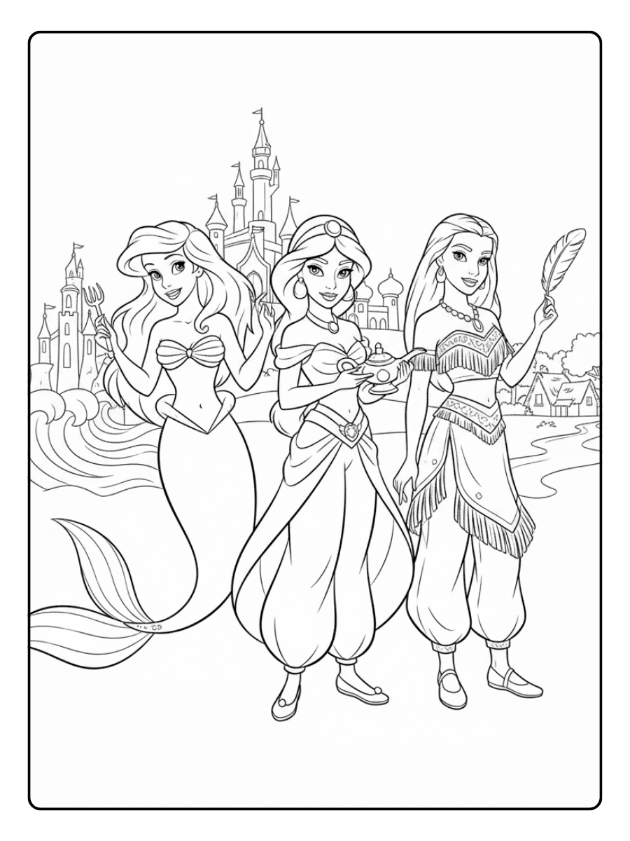 Disney Princess Coloring Pages – Ariel – Jasmine – Pocahontas