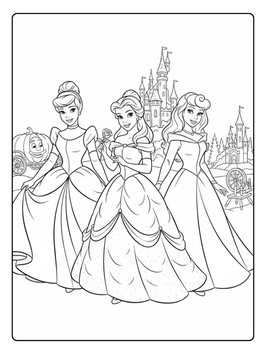 Disney Princess Coloring Pages – Cinderella , Belle , Aurora