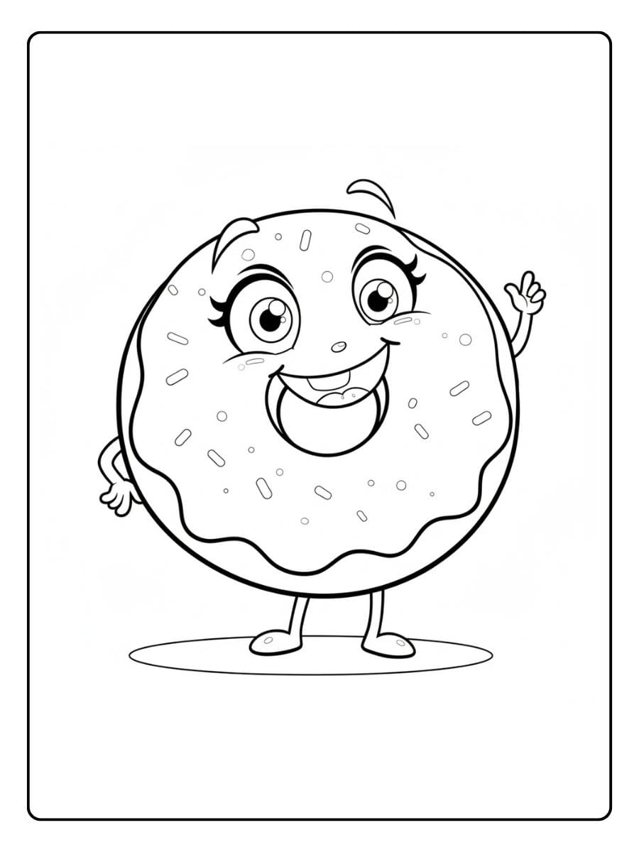 Donut coloring page cheerful donut waving hand
