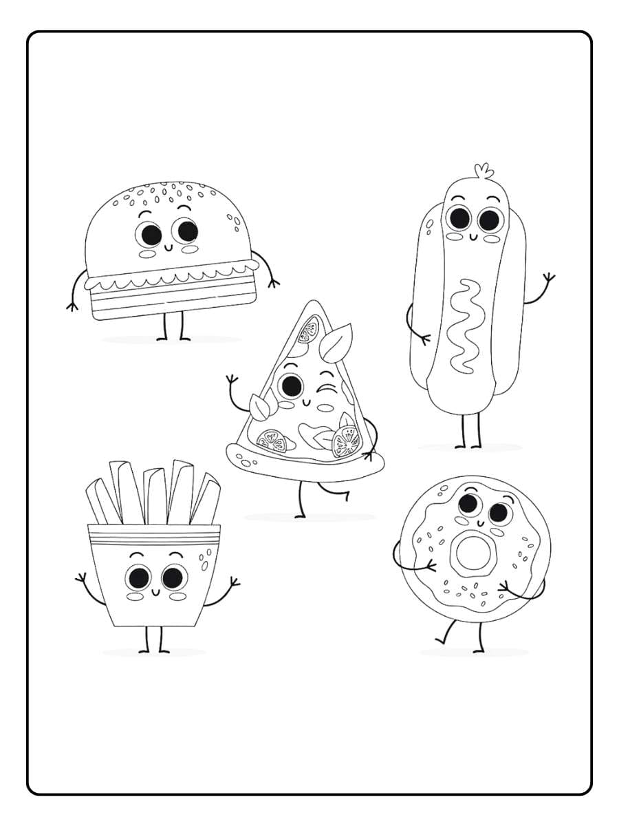 Food coloring pages cute fast food characters