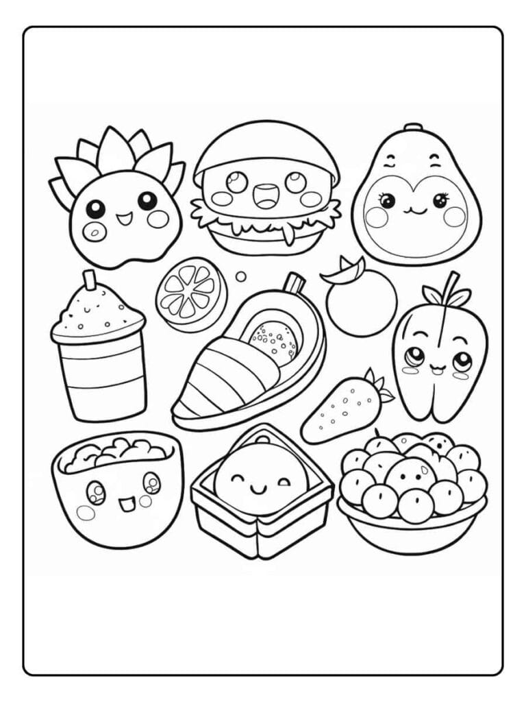 Food coloring pages kawaii food assortment